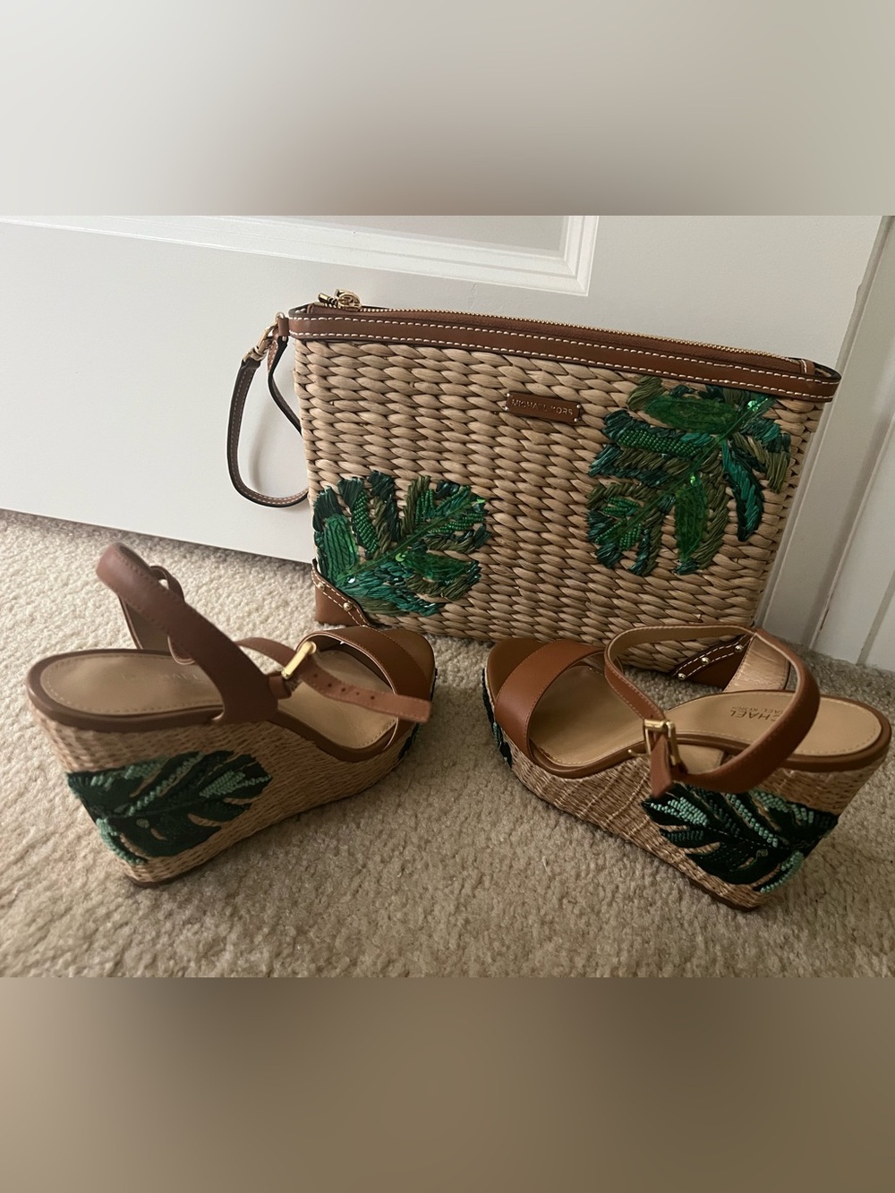 *RARE* Michael Kors Palm Leaf wedges and matching clutch